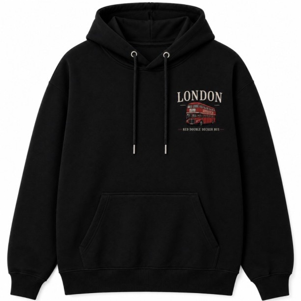 Red Double Decker Bus Hoodie Black Front
