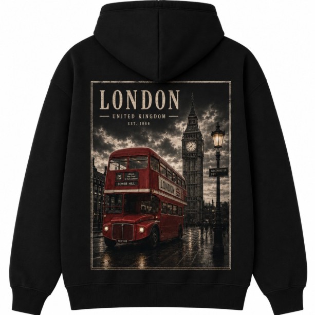 Red Double Decker Bus Hoodie Black