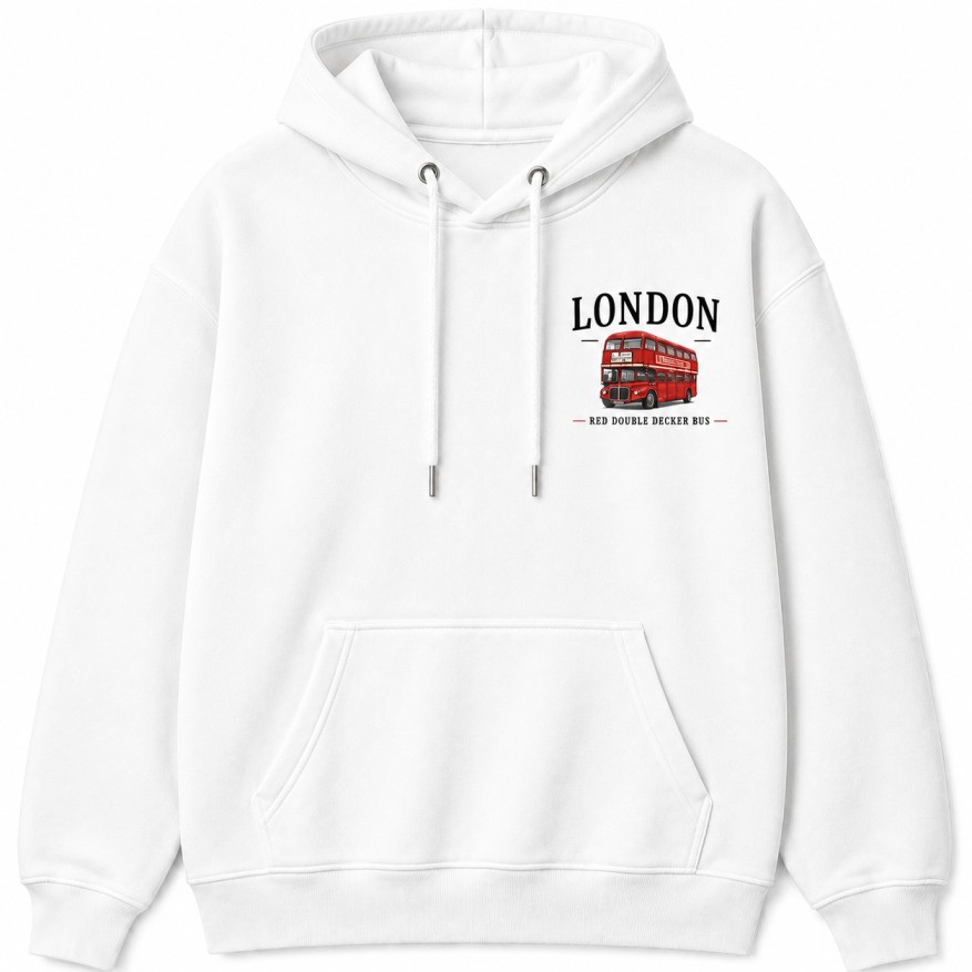 Red Double Decker Bus Hoodie White Front