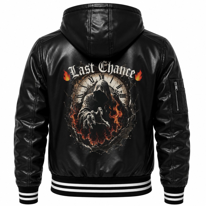 Black Leather Hooded Jacket Back