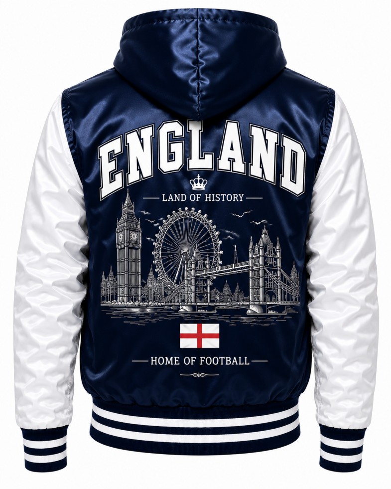 Navy Blue And White Bomber Jacket Back