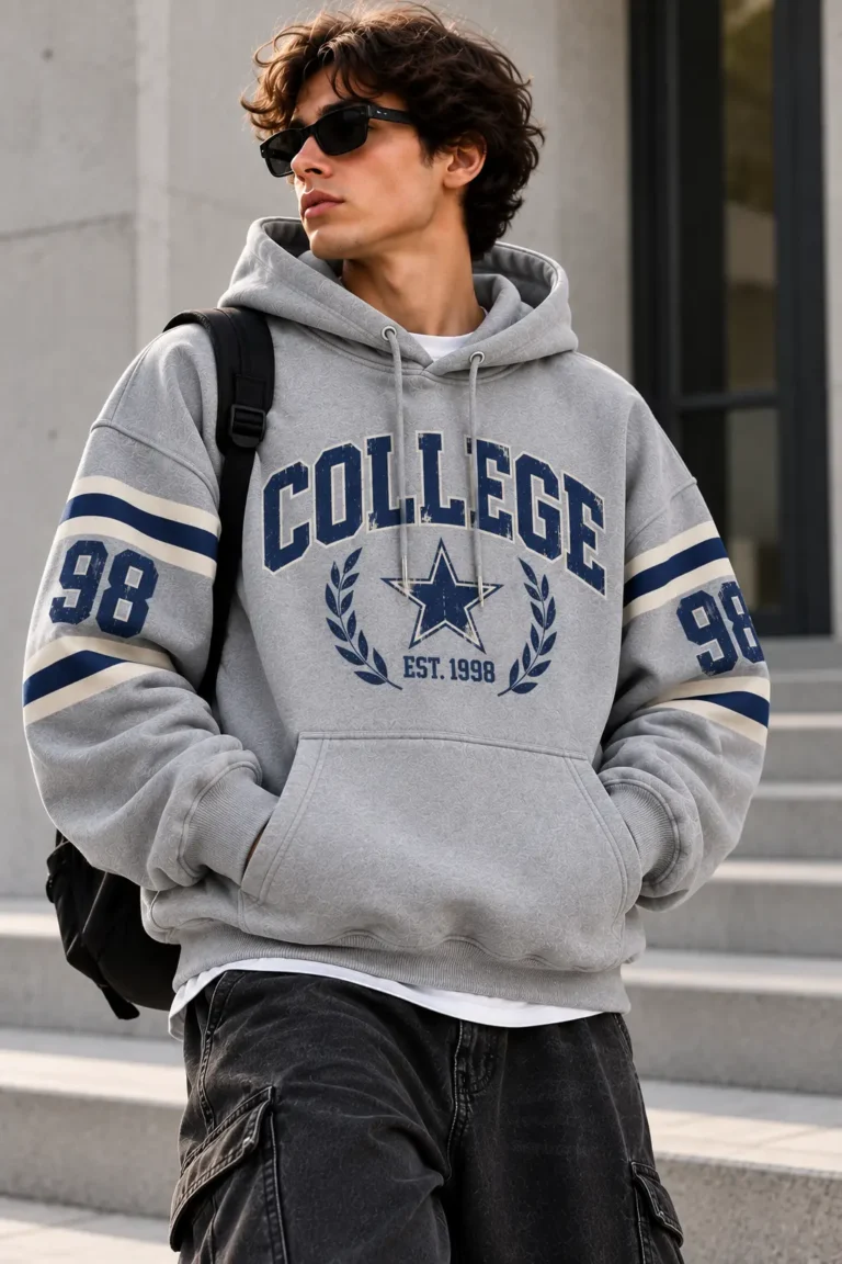 Oversized Vintage College Hoodie model wear front look