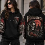 Vintage Halloween Skull Hoodie Model Wear