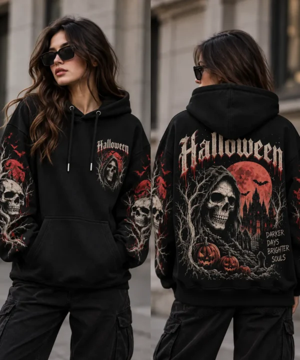 Vintage Halloween Skull Hoodie Model Wear
