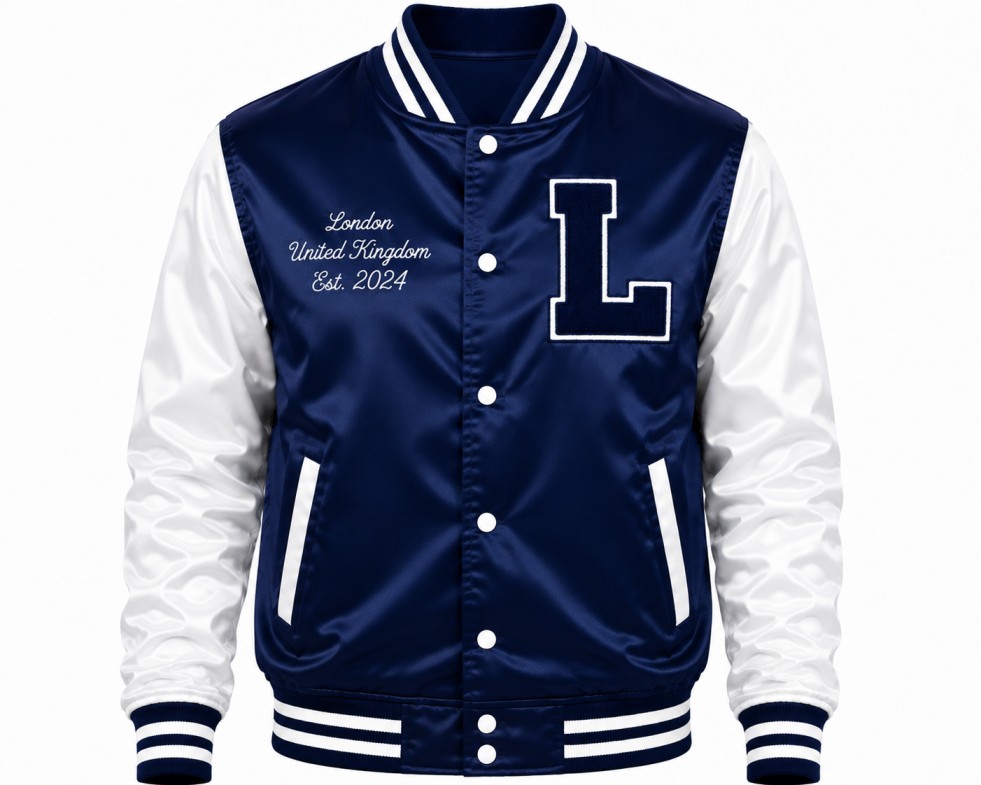 blue varsity jacket