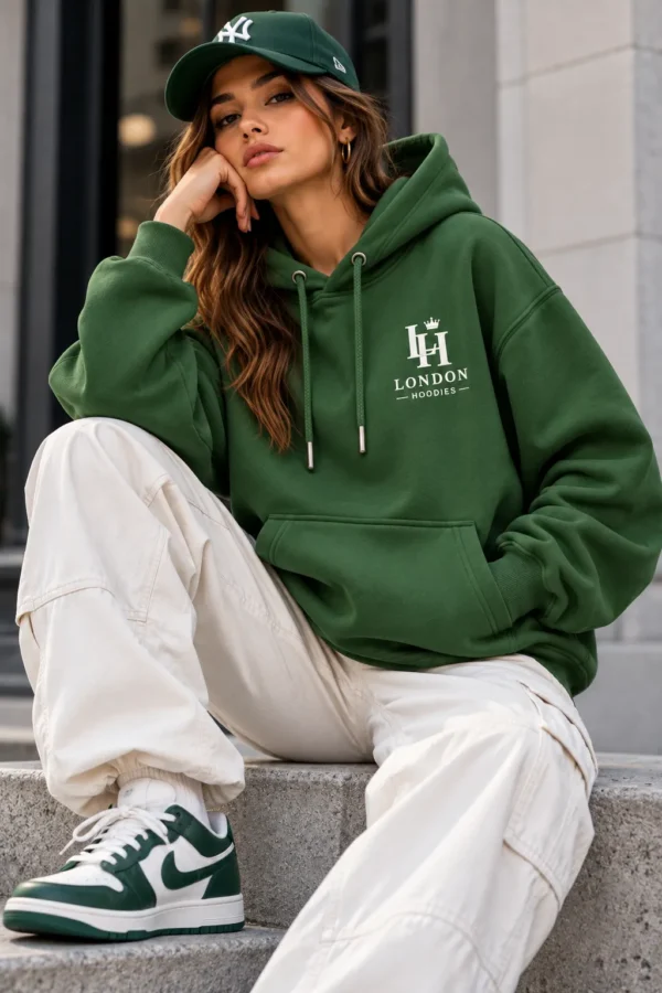green oversized hoodie model wear front look