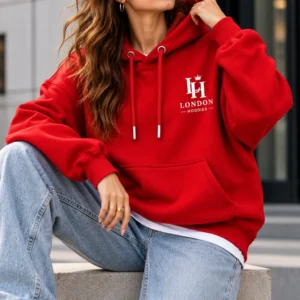 red oversized hoodie model wear front look