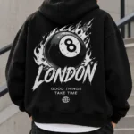 London 8 Ball Hoodie Model Wear graphic Look