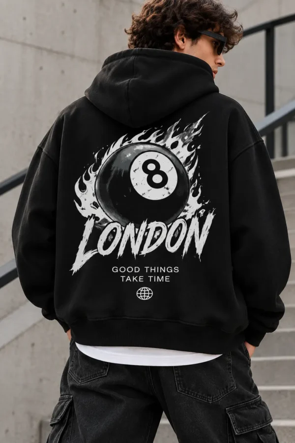 London 8 Ball Hoodie Model Wear graphic Look
