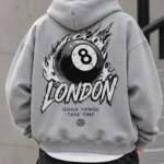 London 8 Ball Hoodie Model Wear graphic Look Grey