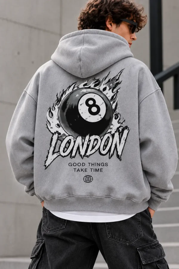 London 8 Ball Hoodie Model Wear graphic Look Grey