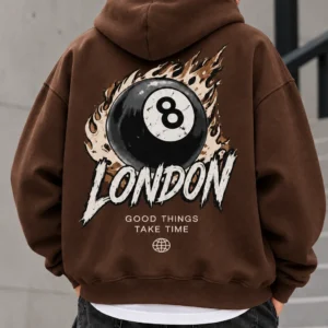 London 8 Ball Hoodie Model Wear graphic Look brown
