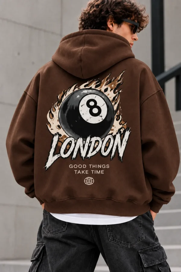 London 8 Ball Hoodie Model Wear graphic Look brown