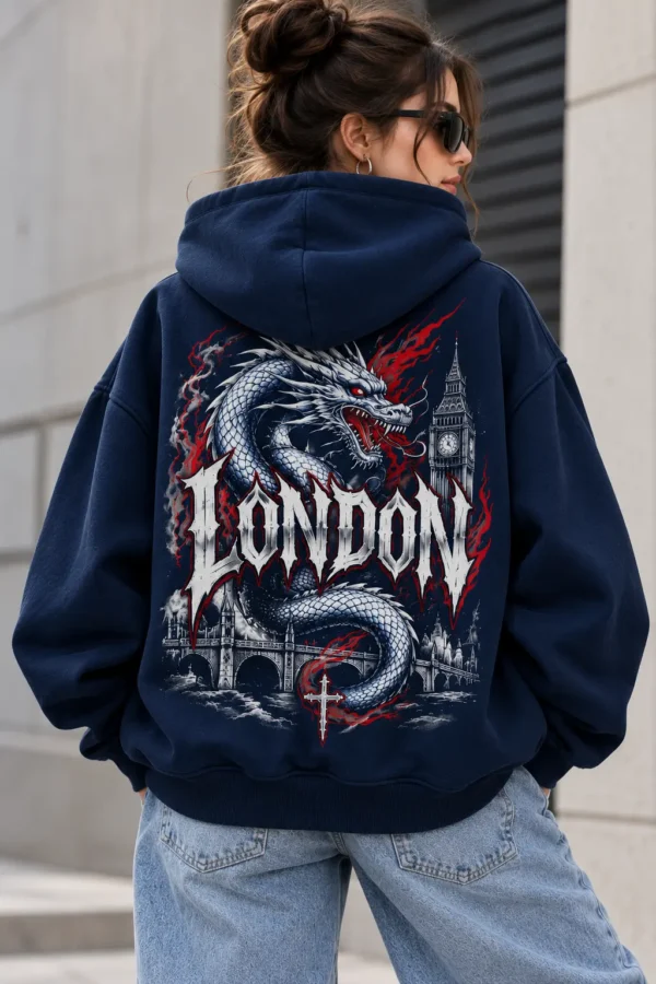 London Dragon Hoodie model wear graphic look
