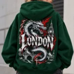 London Dragon Hoodie model wear graphic look green
