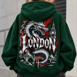 London Dragon Hoodie model wear graphic look green