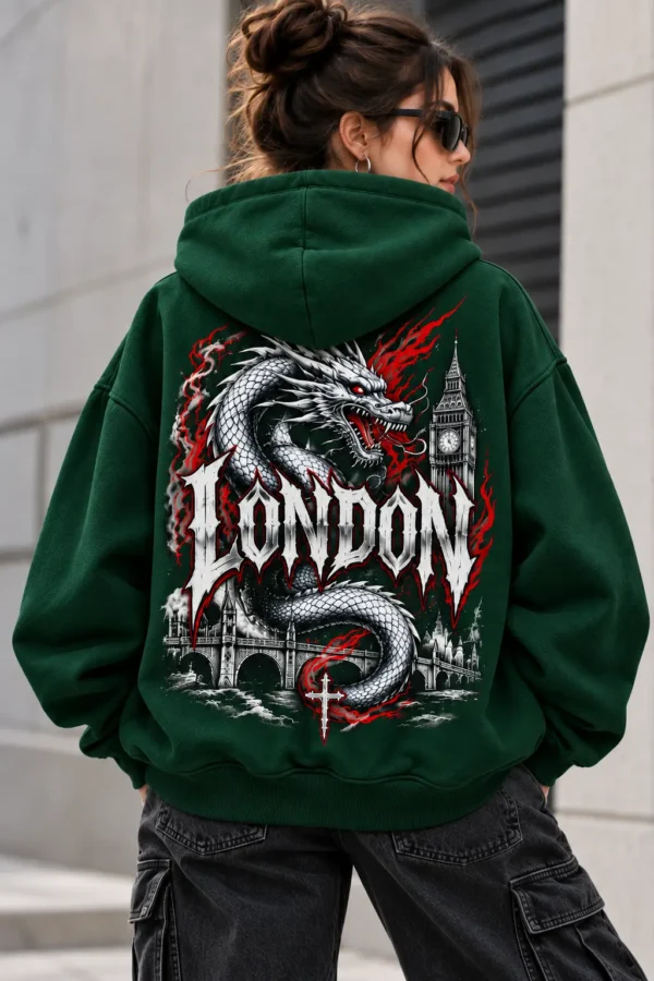 London Dragon Hoodie model wear graphic look green