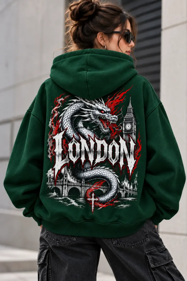 London Dragon Hoodie model wear graphic look green