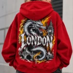 London Dragon Hoodie model wear graphic look red