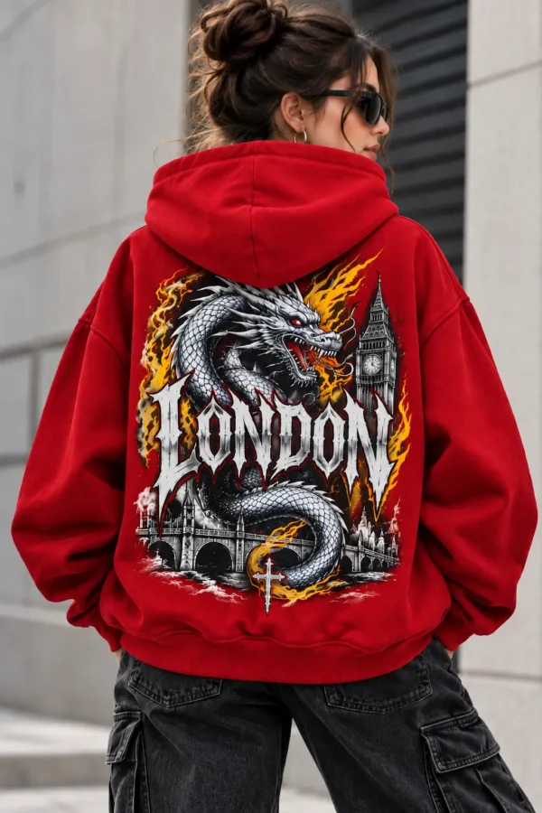 London Dragon Hoodie model wear graphic look red