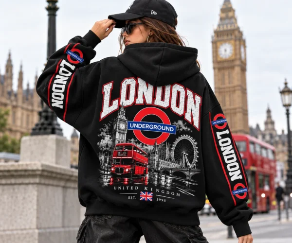 London Underground Hoodie model wear graphic look