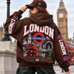 London Underground Hoodie model wear graphic look brown