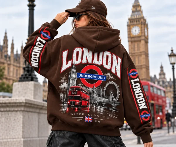 London Underground Hoodie model wear graphic look brown