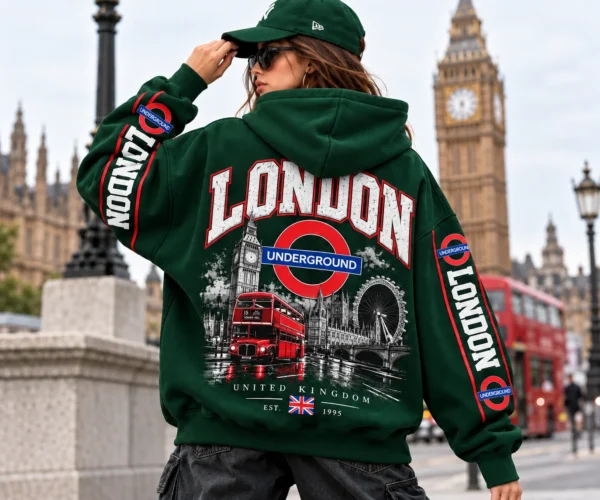 London Underground Hoodie model wear graphic look green