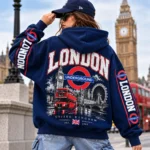 London Underground Hoodie model wear graphic look navy