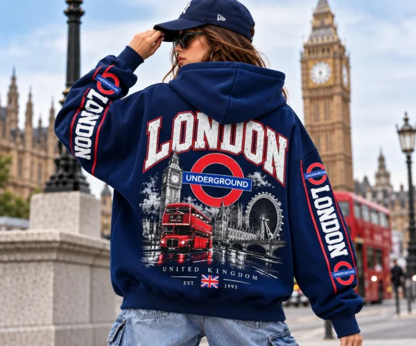 London Underground Hoodie model wear graphic look navy