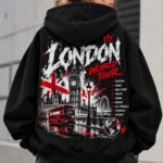 London World Tour Hoodie model wear graphic look