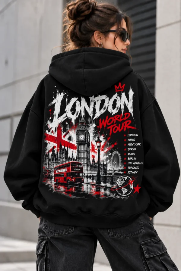 London World Tour Hoodie model wear graphic look