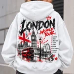 London World Tour Hoodie model wear graphic look White