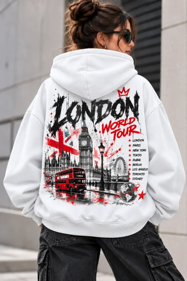 London World Tour Hoodie model wear graphic look White