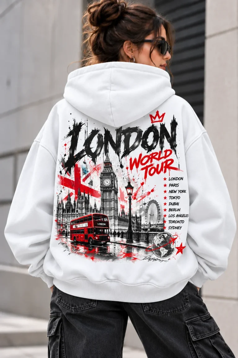 London World Tour Hoodie model wear graphic look White