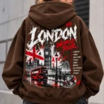 London World Tour Hoodie model wear graphic look brown