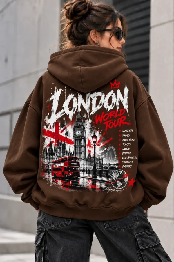 London World Tour Hoodie model wear graphic look brown