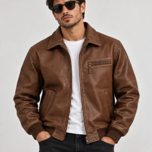 Vintage Brown Leather Jacket Model Wear