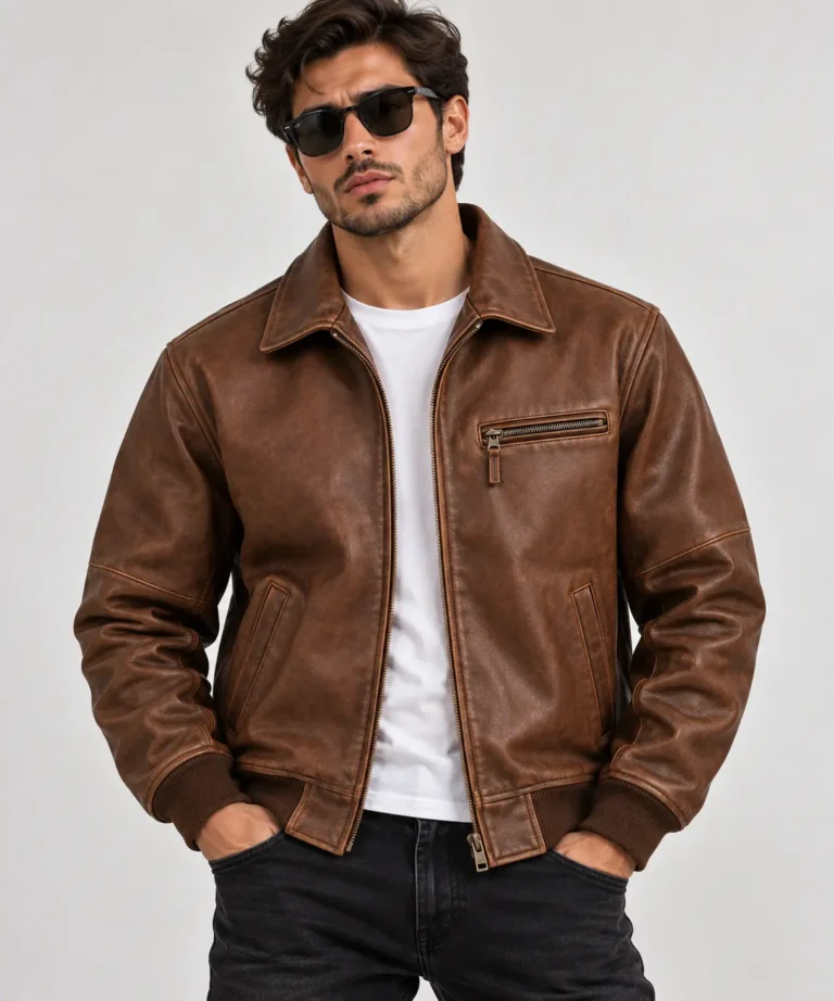 Vintage Brown Leather Jacket Model Wear
