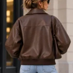 Womens Brown Leather Bomber Jacket model wear back look