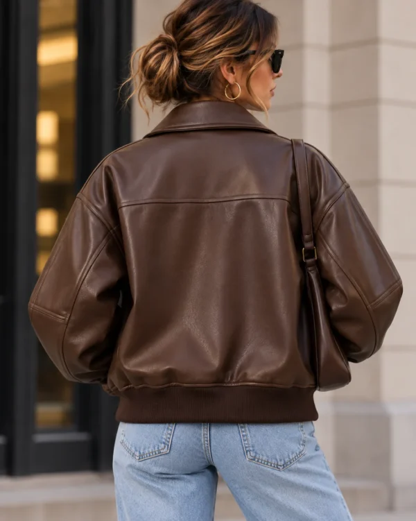 Womens Brown Leather Bomber Jacket model wear back look