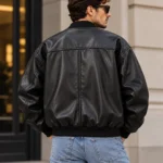 black leather bomber jacket back look model wear