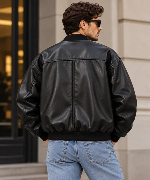 black leather bomber jacket back look model wear