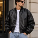 black leather bomber jacket front look model wear