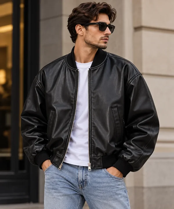 black leather bomber jacket front look model wear