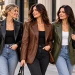 brown leather blazer model waer look