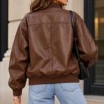 brown leather bomber jacket model wear back look