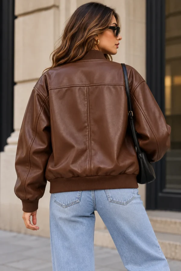 brown leather bomber jacket model wear back look
