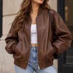brown leather bomber jacket model wear front look