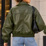green leather bomber jacket model wear back look